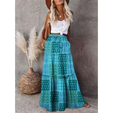 Happy Sailed Womens Retro Boho Printed High Waist Elastic Waist A Line Flowy Long Maxi Beach Skirts with Pockets Green XL