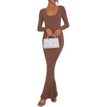 REORIA Women's Sexy Casual Scoop Neck Long Sleeve Lounge Long Dress Elegant Fall Wedding Guest Tight...