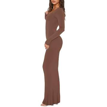 REORIA Women's Sexy Casual Scoop Neck Long Sleeve Lounge Long Dress Elegant Fall Wedding Guest Tight Ribbed Bodycon Maxi Dresses Coffee Large