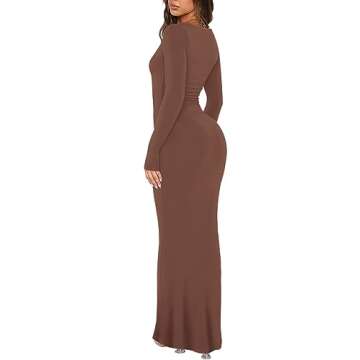 REORIA Women's Sexy Casual Scoop Neck Long Sleeve Lounge Long Dress Elegant Fall Wedding Guest Tight Ribbed Bodycon Maxi Dresses Coffee Large