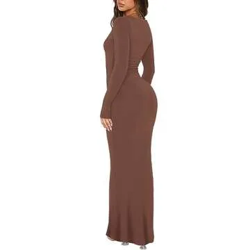 REORIA Women's Sexy Casual Scoop Neck Long Sleeve Lounge Long Dress Elegant Fall Wedding Guest Tight Ribbed Bodycon Maxi Dresses Coffee Large