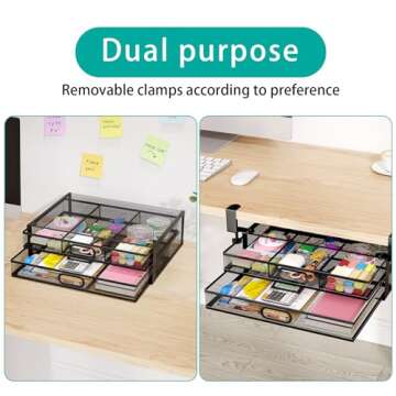 Under Desk Storage for Office & Home-No Drilling Installation Under Desk Organizer Drawer,Mesh Metal Under Desk Storage Drawers,Desk Organizer with 2 Slide Out Drawer,Small Hanging Desk Organizer
