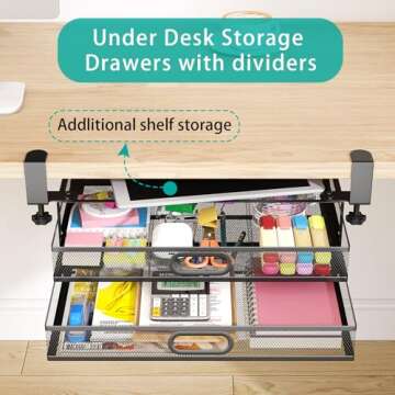 Under Desk Storage for Office & Home-No Drilling Installation Under Desk Organizer Drawer,Mesh Metal Under Desk Storage Drawers,Desk Organizer with 2 Slide Out Drawer,Small Hanging Desk Organizer