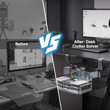 Under Desk Storage for Office & Home-No Drilling Installation Under Desk Organizer Drawer,Mesh Metal Under Desk Storage Drawers,Desk Organizer with 2 Slide Out Drawer,Small Hanging Desk Organizer