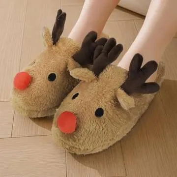 Greenery-GRE Womens Warm Fleece Indoor Cartoon Slippers Winter Soft Cozy Home Booties Non-Slip Plush Slip-on Shoes Ankle Boots (L: US 8.5-9 B(M), Brown Elk Antler)