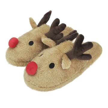 Greenery-GRE Womens Warm Fleece Indoor Cartoon Slippers Winter Soft Cozy Home Booties Non-Slip Plush Slip-on Shoes Ankle Boots (L: US 8.5-9 B(M), Brown Elk Antler)