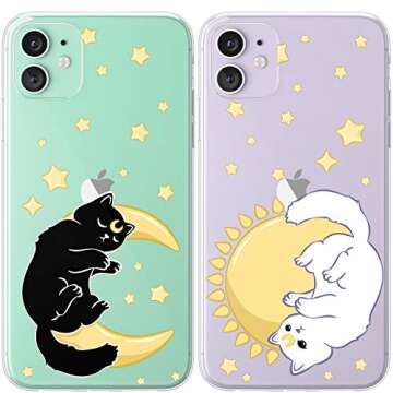 Mertak Matching Cases Compatible with iPhone 15 Pro Max 14 Plus 13 12 Mini 11 SE XS XR 8 7 Cute Couple Stars Protective Cats Lightweight Slim Silicone Girlfriend Flexible Celestial Moon Sun Luna Cover