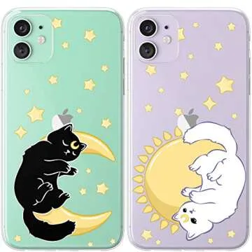 Mertak Matching Cases Compatible with iPhone 15 Pro Max 14 Plus 13 12 Mini 11 SE XS XR 8 7 Cute Couple Stars Protective Cats Lightweight Slim Silicone Girlfriend Flexible Celestial Moon Sun Luna Cover