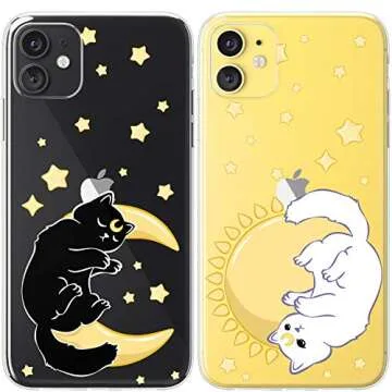 Mertak Matching Cases Compatible with iPhone 15 Pro Max 14 Plus 13 12 Mini 11 SE XS XR 8 7 Cute Couple Stars Protective Cats Lightweight Slim Silicone Girlfriend Flexible Celestial Moon Sun Luna Cover