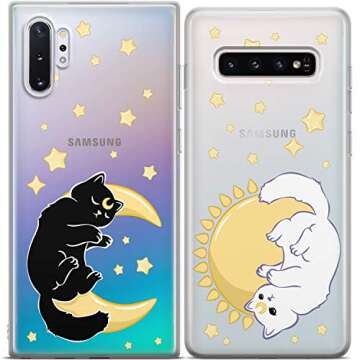 Mertak Matching Cases Compatible with iPhone 15 Pro Max 14 Plus 13 12 Mini 11 SE XS XR 8 7 Cute Couple Stars Protective Cats Lightweight Slim Silicone Girlfriend Flexible Celestial Moon Sun Luna Cover
