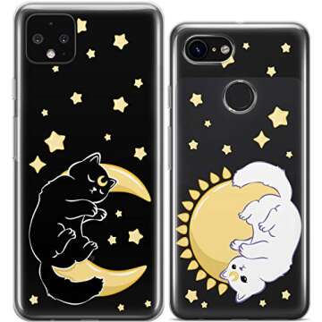 Mertak Matching Cases Compatible with iPhone 15 Pro Max 14 Plus 13 12 Mini 11 SE XS XR 8 7 Cute Couple Stars Protective Cats Lightweight Slim Silicone Girlfriend Flexible Celestial Moon Sun Luna Cover