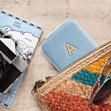 Vlando Plush Velvet Travel Jewelry Case, Personalized Initial Jewelry Boxes for Women Girls, Mini Je...