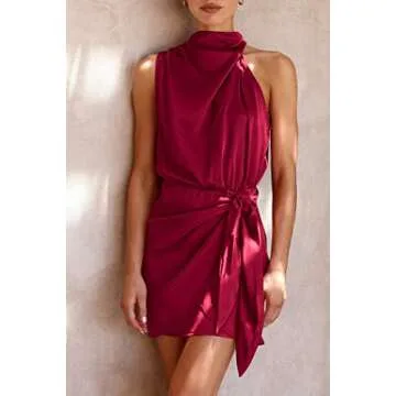 PRETTYGARDEN Women's Short Formal Satin Dress Summer Sleeveless Mock Neck Tie Waist Cocktail Party Dresses (Deep Red,Medium)