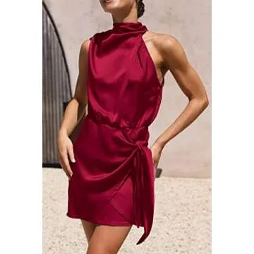 PRETTYGARDEN Women's Short Formal Satin Dress Summer Sleeveless Mock Neck Tie Waist Cocktail Party Dresses (Deep Red,Medium)