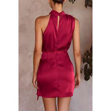PRETTYGARDEN Women's Short Formal Satin Dress Summer Sleeveless Mock Neck Tie Waist Cocktail Party Dresses (Deep Red,Medium)