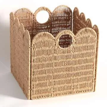 Scalloped Wicker Storage Cubes Basket, 12”x12“ Heavy Duty Paper rope/Hyacinth/Seagrass Baskets for Shelves, Foldable Natural Boho Square Bins (Renewable Paper Rope, 4PC)