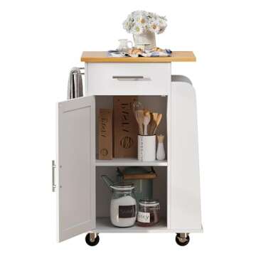 Shintenchi Small Kitchen Island on Wheels with 3-Tier Side Spice Rack and Rubber Wood Top, Trolley C...