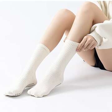 Yoga Pilates Socks with Grips for Women Non Slip Solid Colored Cushioned Crew Compression Socks for ...