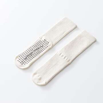 Yoga Pilates Socks with Grips for Women Non Slip Solid Colored Cushioned Crew Compression Socks for Barre Ballet Dance (Cream White)