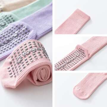 Yoga Pilates Socks with Grips for Women Non Slip Solid Colored Cushioned Crew Compression Socks for Barre Ballet Dance (Cream White)