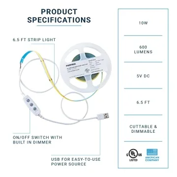 PARMIDA Dimmable COB LED Strip Light - 6FT USB Feedback