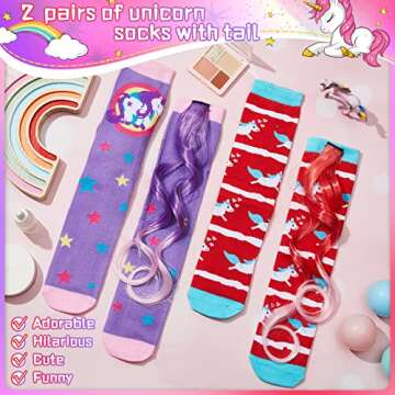 Tarpop Unicorn Socks for Woman 2 Pairs Cute Animal Crazy Novelty Unicorn Socks High Unicorn Socks Long Socks(Purple, Red Style)