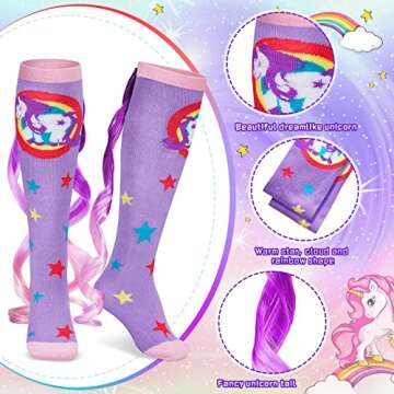 Tarpop Unicorn Socks for Woman 2 Pairs Cute Animal Crazy Novelty Unicorn Socks High Unicorn Socks Long Socks(Purple, Red Style)