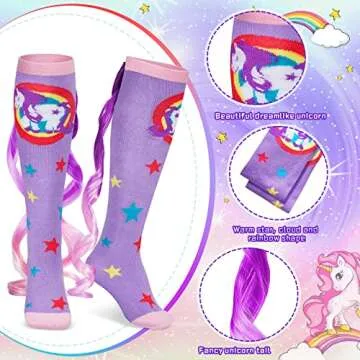 Tarpop Unicorn Socks for Woman 2 Pairs Cute Animal Crazy Novelty Unicorn Socks High Unicorn Socks Long Socks(Purple, Red Style)