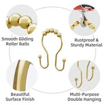 Bathway Double Gold Shower Curtain Hooks - Rust Proof & Smooth Sliding