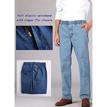 Soojun Mens Casual Loose Fit Elastic Waist Denim Pants, Indigo, 38W x 30L