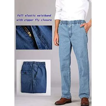 Soojun Mens Casual Loose Fit Elastic Waist Denim Pants, Indigo, 38W x 30L