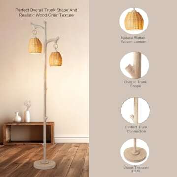 68" High Farmhouse Rustic Country Cottage Floor Lamp Tree Trunk Faux Wood Column White Washed Wicker...
