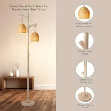 68" High Farmhouse Rustic Country Cottage Floor Lamp Tree Trunk Faux Wood Column White Washed Wicker...