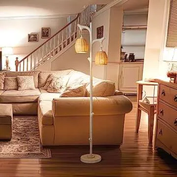 68" High Farmhouse Rustic Country Cottage Floor Lamp Tree Trunk Faux Wood Column White Washed Wicker Drum Shade Decor for Living Room Bedroom Reading Room