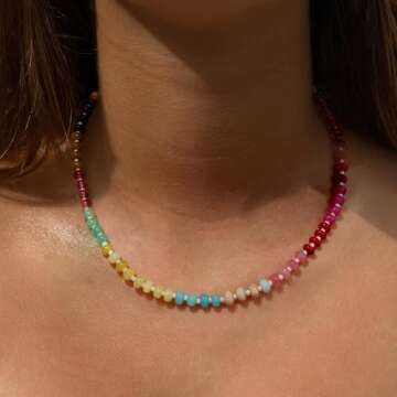 Saycute Colorful Beaded Necklace for Women,Boho Natural Stone Beach Necklace Rainbow Stone Choker Necklaces Summer Handmade Jewelry Gifts