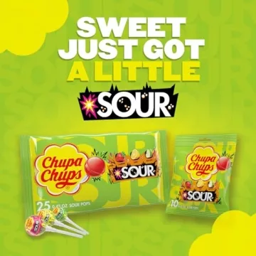 Chupa Chups SOUR Lollipops Candy Variety Pack, Lemon, Strawberry, and Apple Flavored, Holiday Christmas Stocking Stuffers for Adults & Kids, 4.2 oz Peg Bag (Pack of 8)
