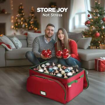 HOLDN’ STORAGE Premium Christmas Ornament Storage Container - Holds Up to 72-4” Ornaments Durable 600D Fabric - Adjustable Dividers - 3 Individual Trays - Metal Frame - Red