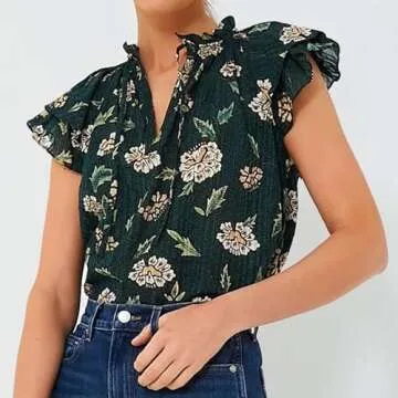 Womens 2024 Summer Short Puff Sleeve Blouse Forest Green Floral Printed Boho-Chic Style Casual Summe...