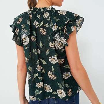Womens 2024 Summer Short Puff Sleeve Blouse Forest Green Floral Printed Boho-Chic Style Casual Summer Tops