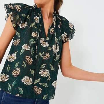Womens 2024 Summer Short Puff Sleeve Blouse Forest Green Floral Printed Boho-Chic Style Casual Summer Tops