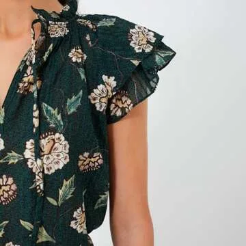 Womens 2024 Summer Short Puff Sleeve Blouse Forest Green Floral Printed Boho-Chic Style Casual Summer Tops