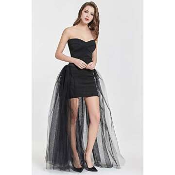 L'VOW Women's 4 Layers Overlay Long Tutu Tulle Dresses Floor Length Elastic Waist Bustle Skirt for Festival Party(Black-Medium)