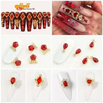 qiipii 24pcs Red Nail Rhinestones Luxury Nail Charms Ruby Red Heart Charms for Nails 3D Big Nail Gems Crystals Diamonds Jewelry Stones Alloy Nail Art Studs Nail Art Decoration for Arylic Nails Crafts