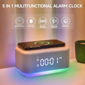 Alarm Clock Speaker Wireless Charger with Bluetooth, Dimmable Light, Dual Alarm