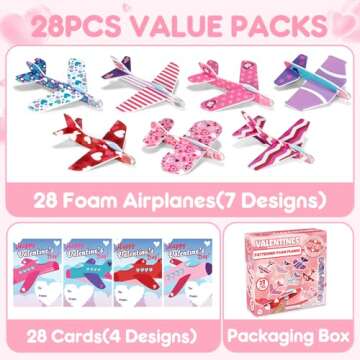 CHMYWJ 28 Pack Valentines Day Cards for Kids School with Foam Airplane Valentines Day Gifts for Kids Classroom Valentines Exchange Prize Gifts Cards Boys &Girl Valentines Airplane Party Favors