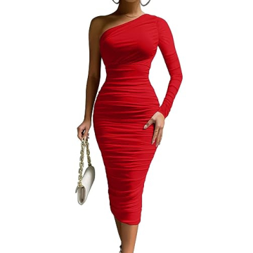 LAGSHIAN Women's Elegant Bodycon One Shoulder Long Sleeve Ruched Midi Cocktail Party Dress Red