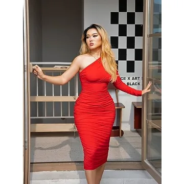 Elegant Bodycon One Shoulder Midi Dress for Women Red