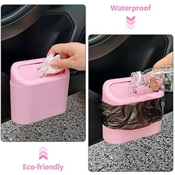 Accmor Car Trash Can with Lid, 2 Pack Pink Mini Vehicle Trash Bin Dustbin Garbage Organizer Holder with Trash Bag, Small Hanging Leakproof Auto Storage Bag Container for Car SUV Home Office