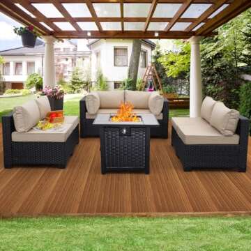 Valita 7 Piece Outdoor PE Wicker Furniture Set, Patio Black Rattan Sectional Sofa Couch with Washabl...