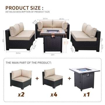 Valita 7 Piece Outdoor PE Wicker Furniture Set, Patio Black Rattan Sectional Sofa Couch with Washable Khaki Cushions,Adjustable Gas Fire Pit